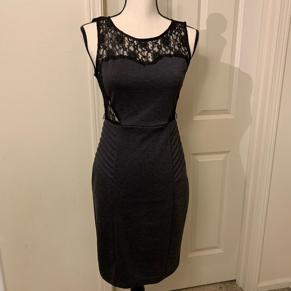 Sleeveless Lace Fitted Dress Grey Black XOXO 3/4